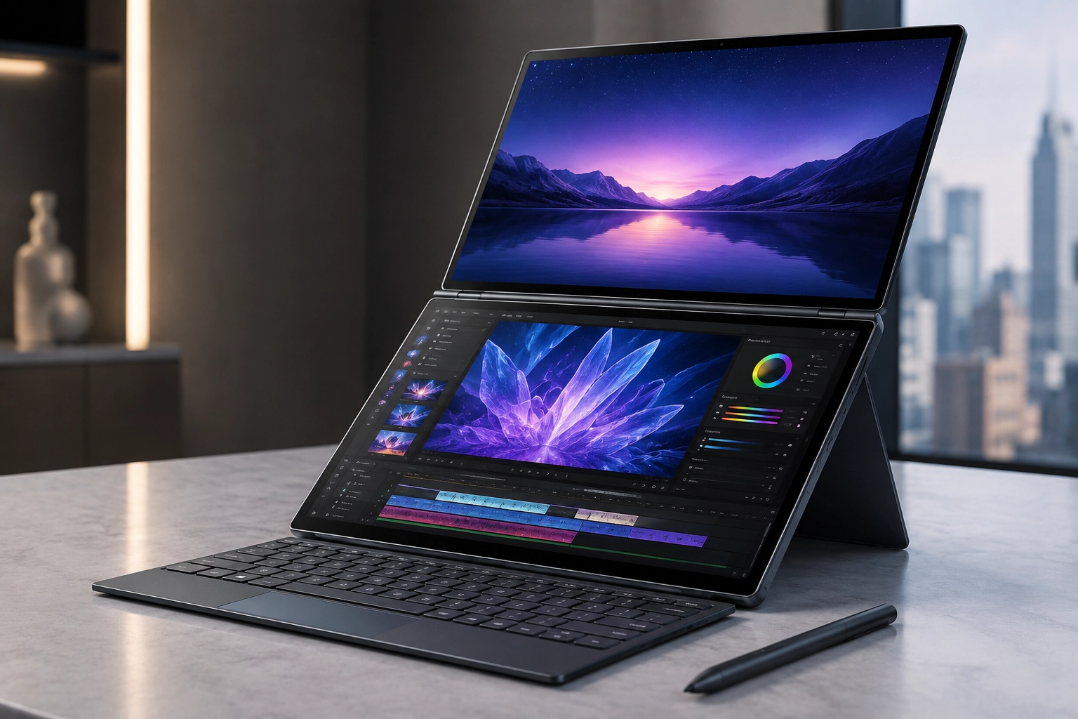 ASUS Zenbook DUO 2026 con sus dos paneles OLED táctiles desplegados