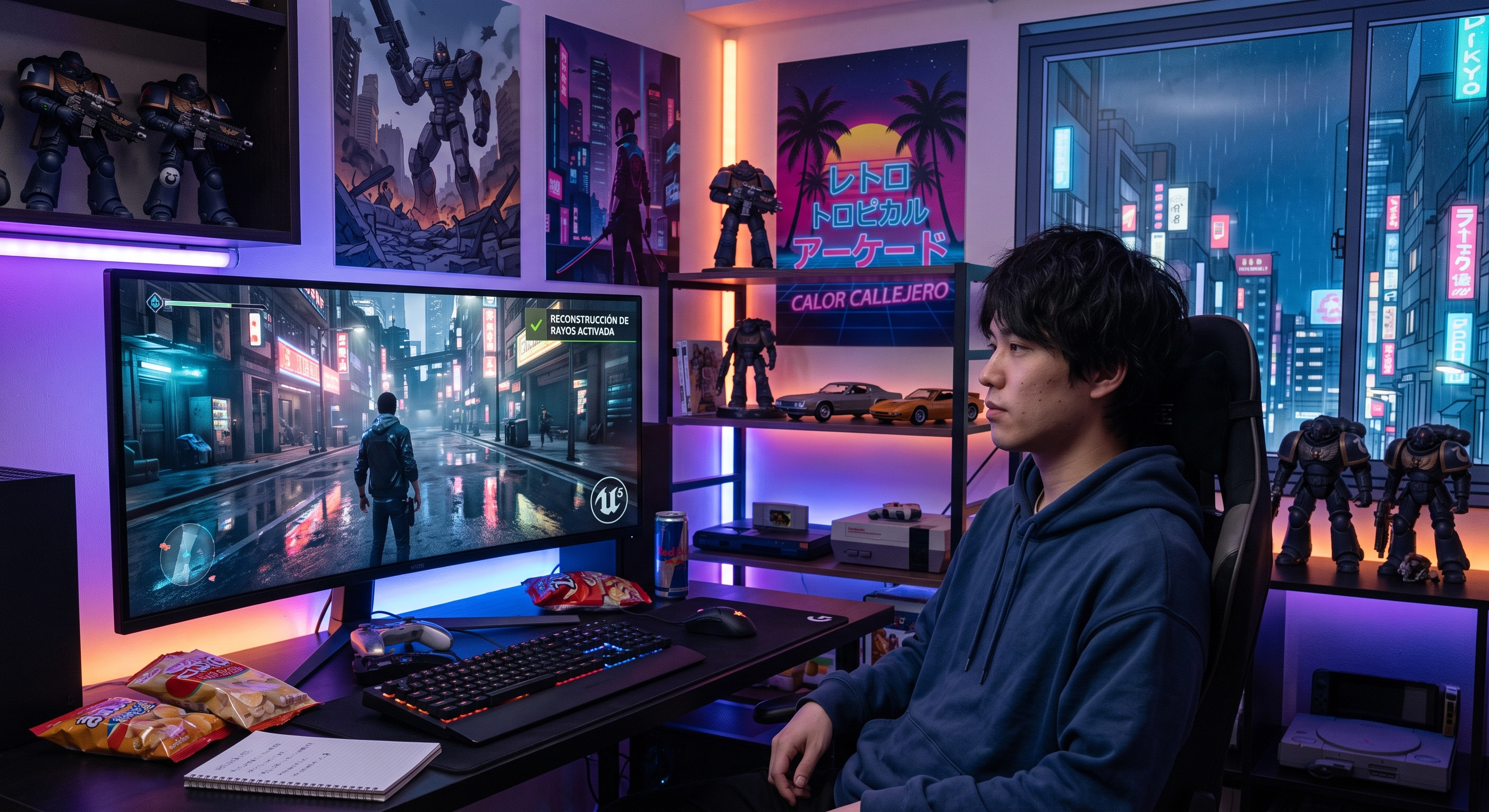 Monitor mostrando una escena urbana con la reconstrucción de rayos activada en Unreal Engine 5