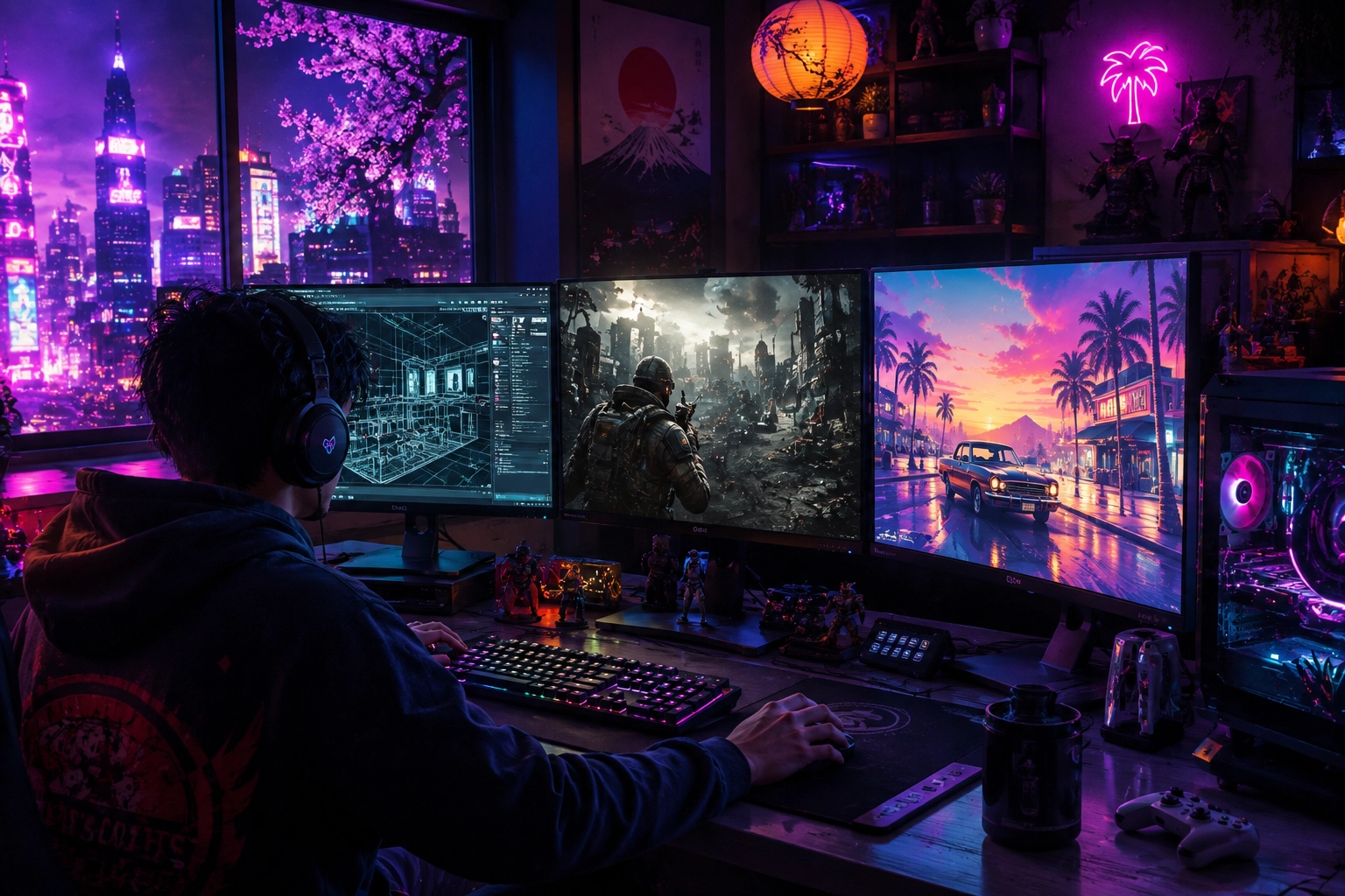 Escritorio con tres monitores mostrando el editor de un motor gráfico, un shooter bélico y una escena urbana iluminada al atardecer
