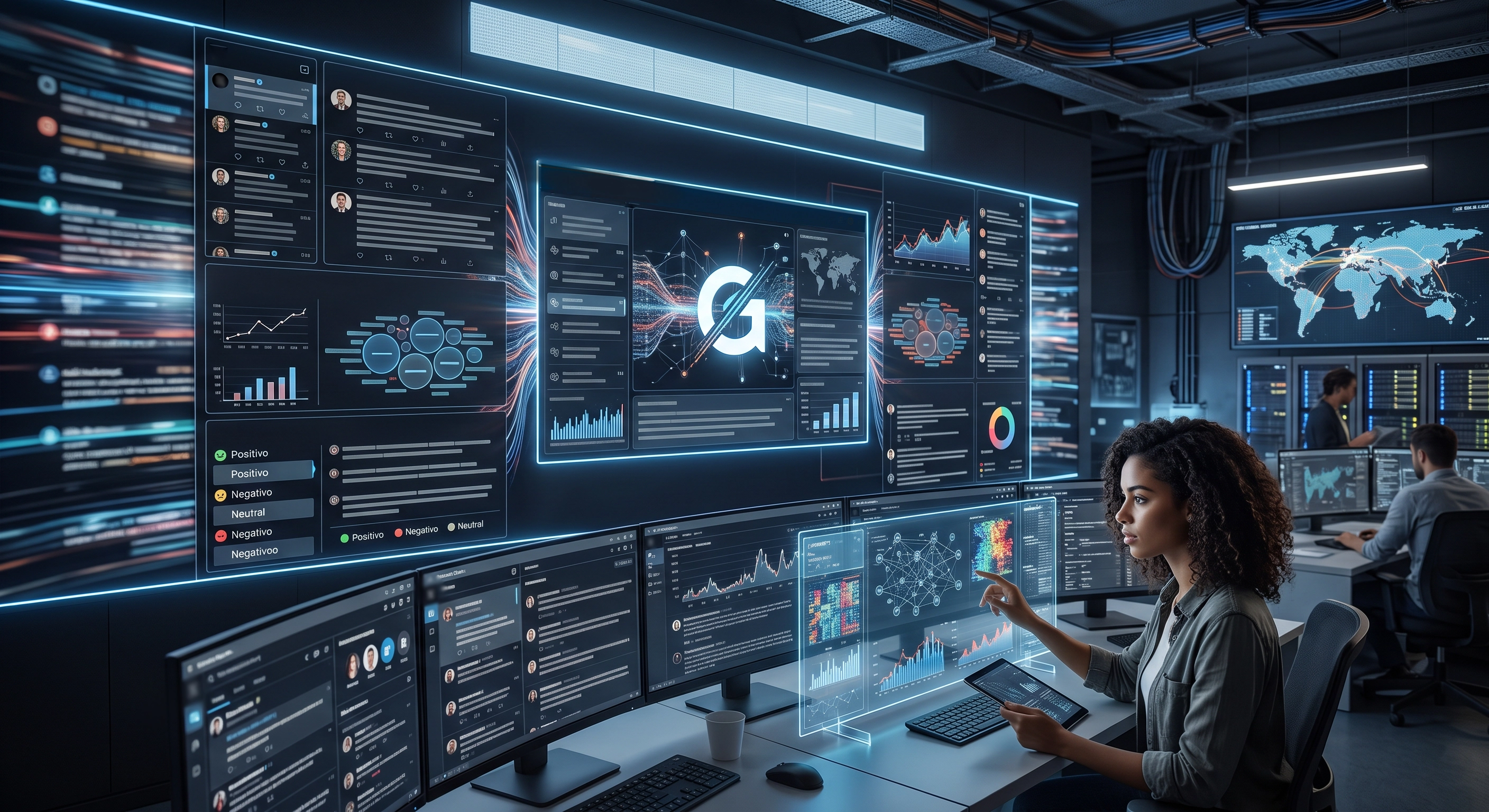 Sala de análisis con paneles de publicaciones de una red social y gráficos de sentimiento generados por inteligencia artificial