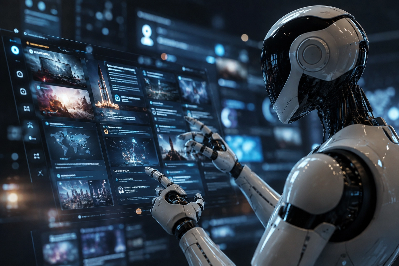 Robot humanoide navegando con el dedo un panel con publicaciones, noticias y datos de una red social