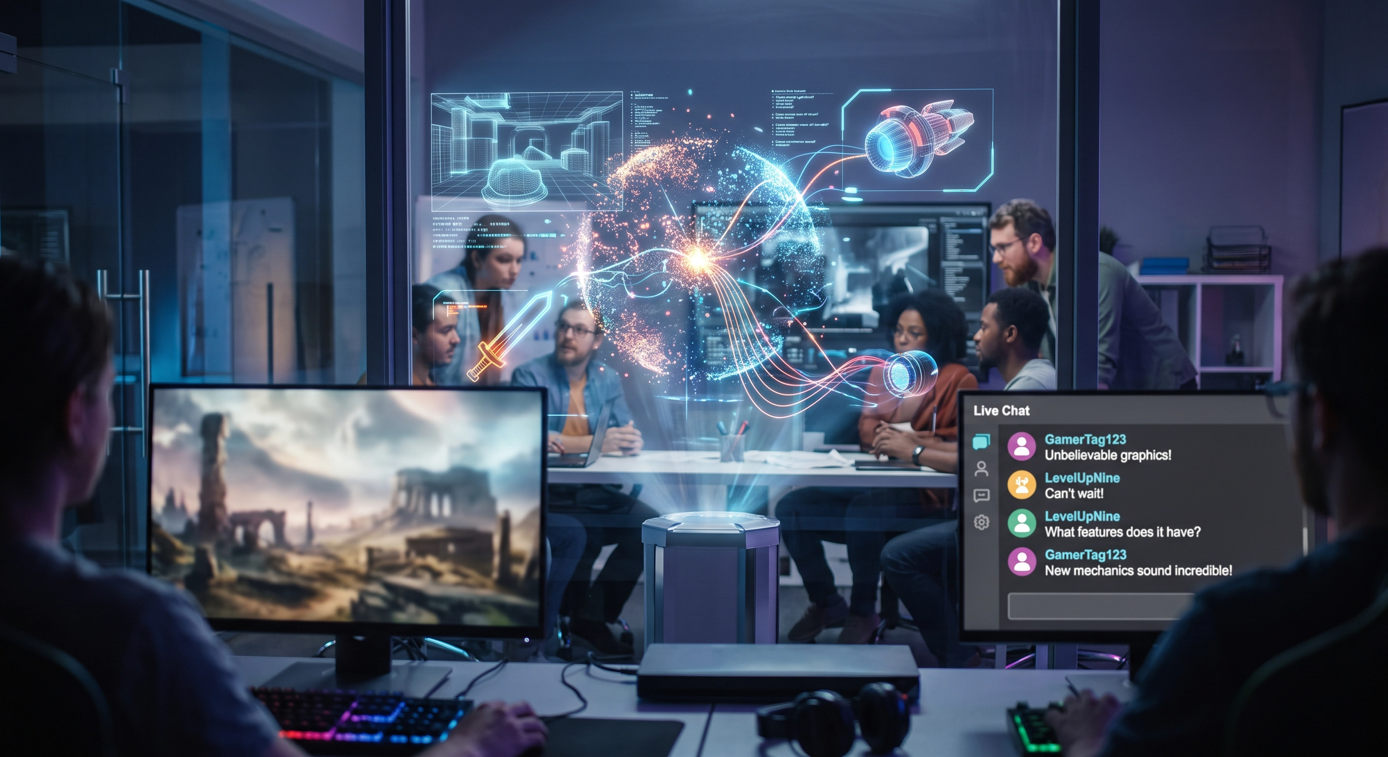 Estudio de desarrollo presentando un videojuego mientras la comunidad comenta en el chat en vivo