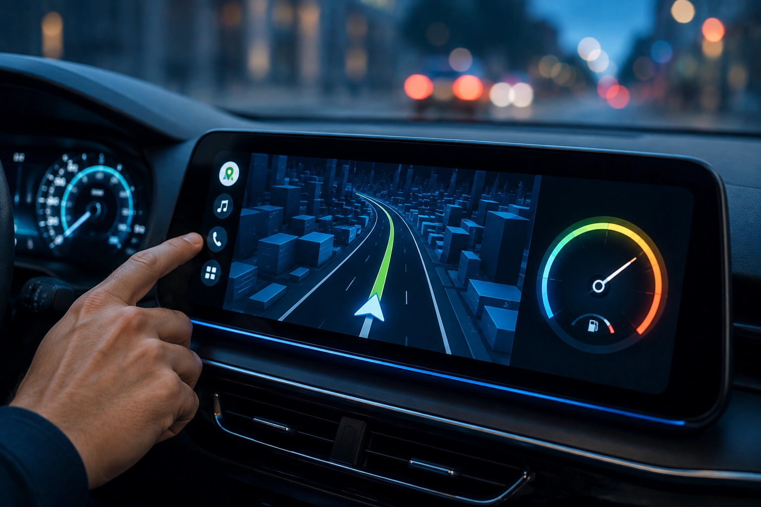 Google Maps con navegación inmersiva y velocímetro en la pantalla de Android Auto