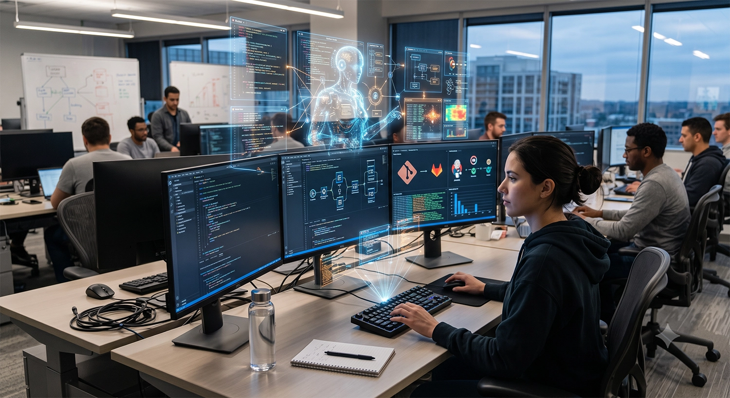 Equipo de desarrollo trabajando con agentes de inteligencia artificial sobre varias pantallas de código
