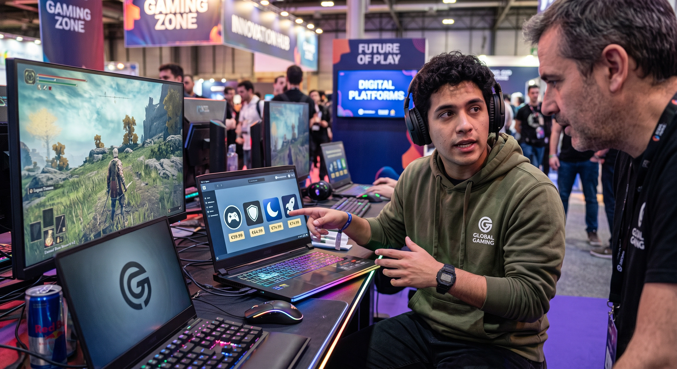 Jugadores frente a portátiles gamer con los precios de varios juegos en pantalla