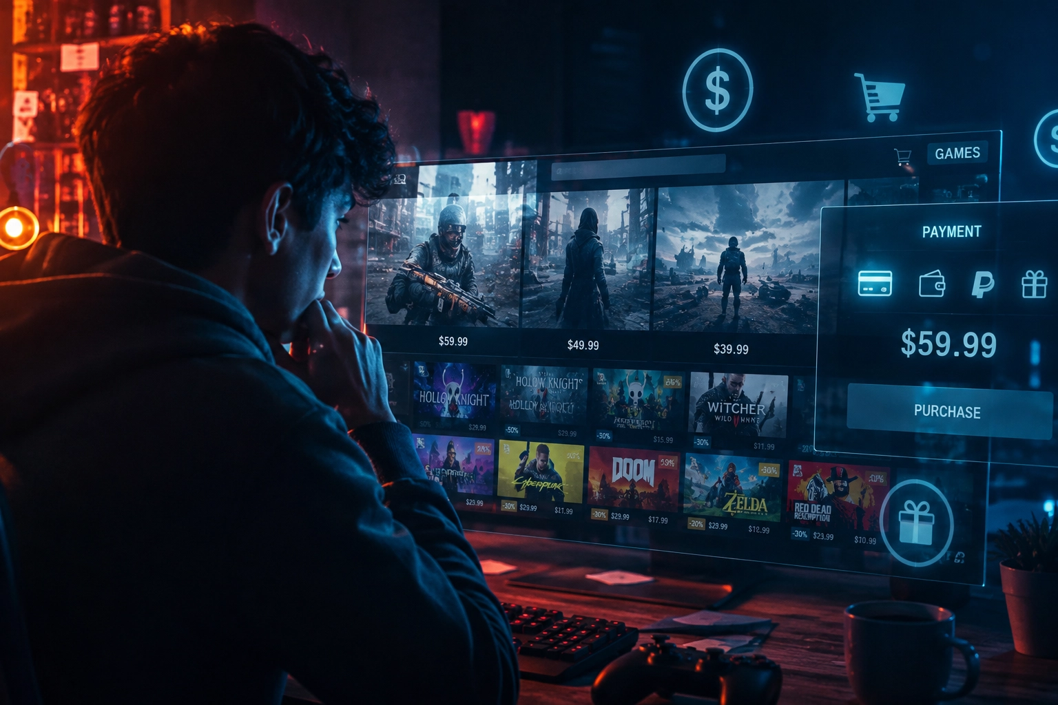 Jugador frente a una tienda digital de videojuegos con precios y un panel de pago en pantalla
