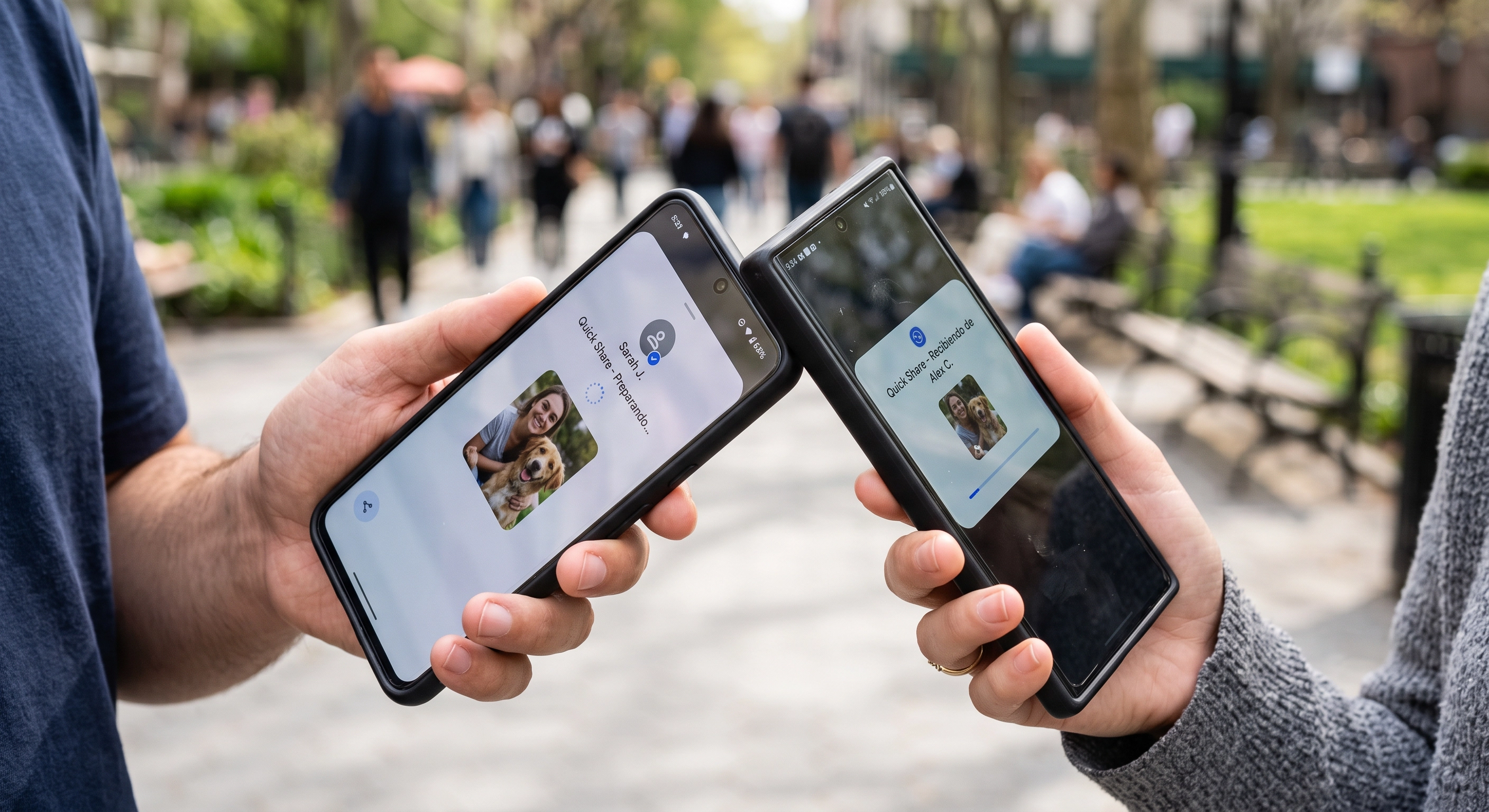 Dos personas acercan sus teléfonos Android para compartir contenido con Quick Share
