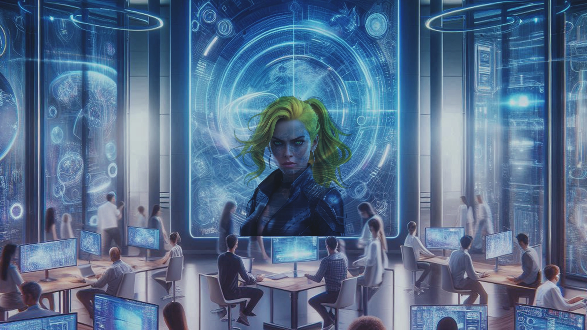 Auditorio con una inteligencia artificial proyectada en una pantalla gigante ante decenas de personas trabajando